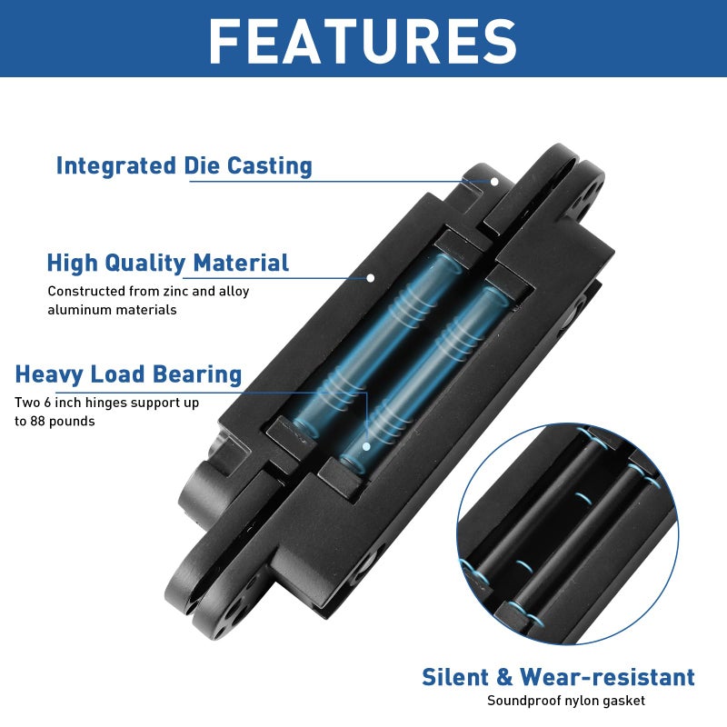 TamBee 6inch Hidden Door Hinges Invisible Hinges Concealed Hinges Zinc Alloy 180 Degree Swing Hinge 3 Way Adjustable Butt Hinge 6 x 2.5 x 1 inch Black (2 Pack) - Image 4